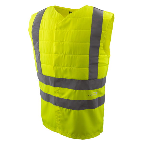 Gilet refrigerante SX3 di E.COOLINE con catarifrangenti, chiusura in velcro e in colore segnaletico giallo