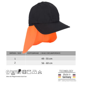 Tabella con taglie e foto del berretto da baseball refrigerante E.COOLINE con protezione UV per il collo