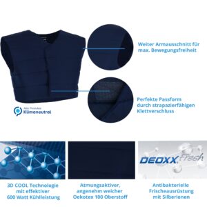 Caratteristiche del gilet refrigerante E.COOLINE SX3 di colore blu, con chiusura in velcro