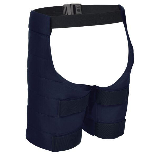 Retro dei chaps refrigeranti SX3 di E.COOLINE di colore blu. con cintura