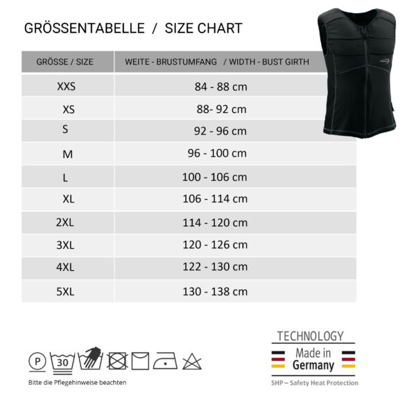 Tabella con taglie della maglia smanicata refrigerante E.COOLINE