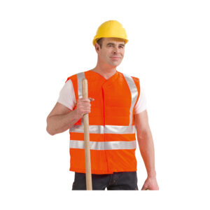 Operaio edile che indossa il gilet refrigerante SX3 con inserti riflettenti di E.COOLINE nel colore arancione segnaletico.