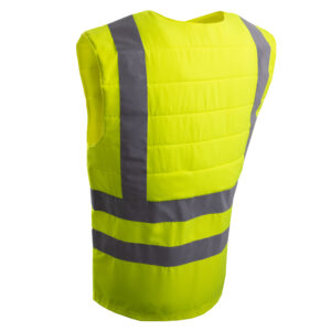 Gilet refrigerante SX3 di E.COOLINE con elementi riflettenti, chiusura in velcro frontale e colore segnaletico giallo.