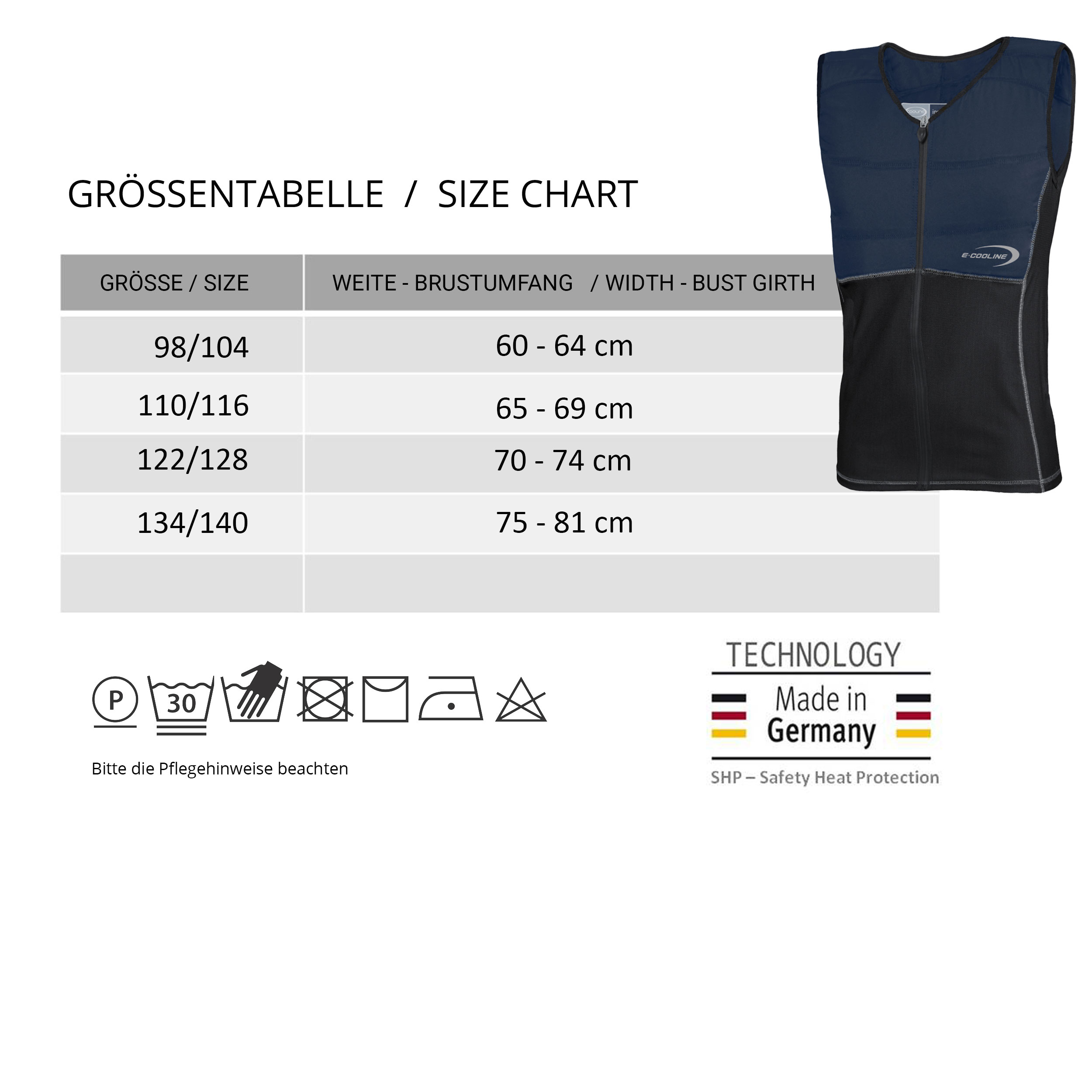 Taglie del gilet rinfrescante Repower Kids con cerniera di E.COOLINE, dispositivo medico