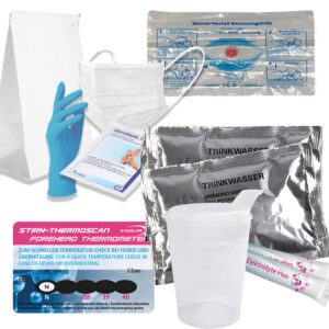 Set di ricarica 3 – Termoscanner, acqua, integratori di elettroliti, articoli per l'igiene, maschera per respirazione artificiale d'emergenza