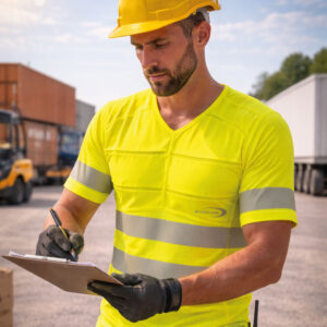 Addetto alla logistica che indossa la PowerSignal T-Shirt SX3 con catarifrangenti di E.COOLINE in colore giallo segnaletico.